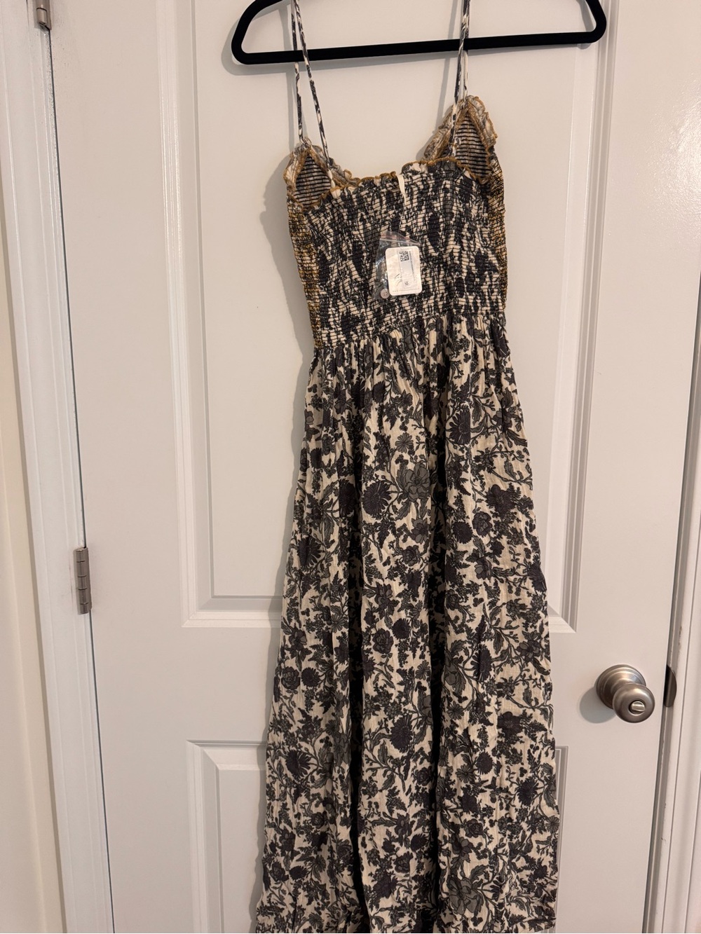 Free people Floral Smocked Maxi Dress in Cream , black, gold detail